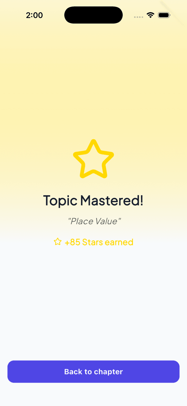 Topic mastered celebration screen with stars earned