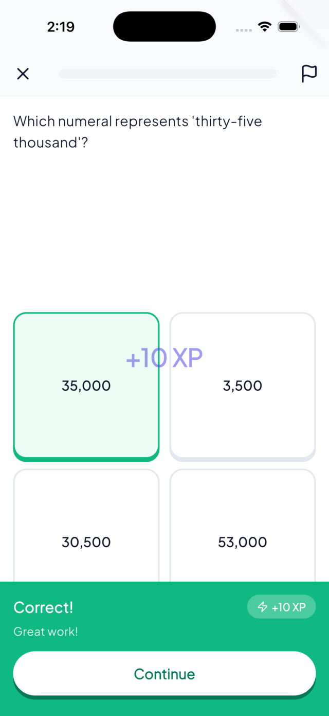Correct-answer feedback with XP earned
