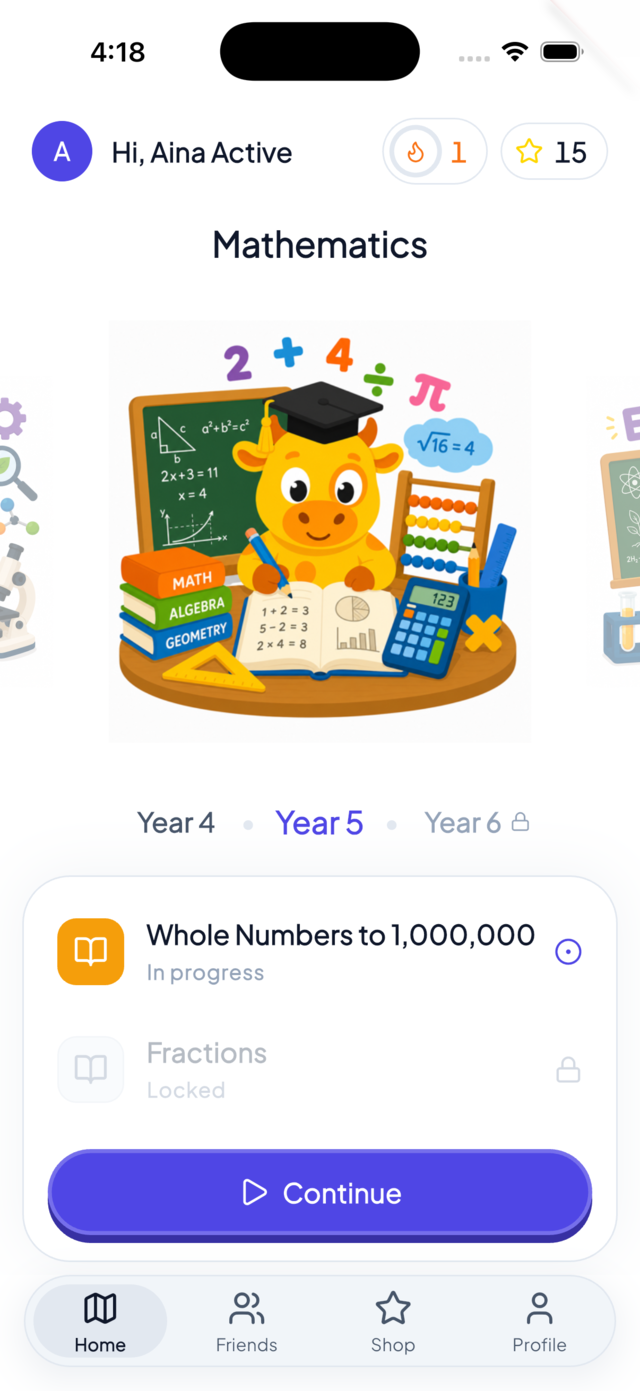 The murid-murid.com home screen: Mathematics for Year 5, with streak and star counters